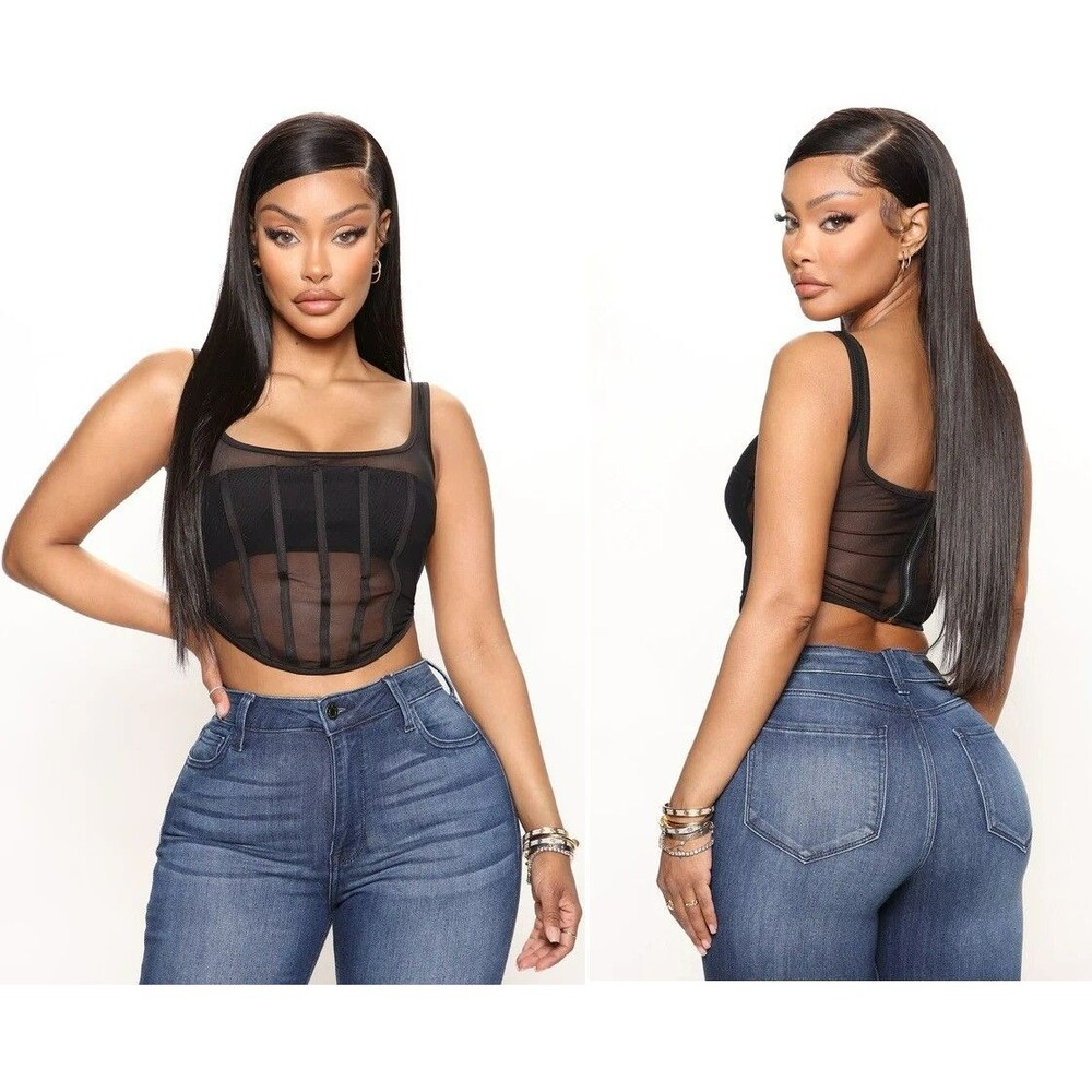 Fashion Nova LARGE "I’m Yours" Black Nylon Mesh Corset Top Tank Lingerie